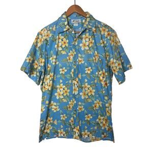 Vintage Malihini Men’s Sz Medium Blue Plumeria Floral Hawaiian Shirt